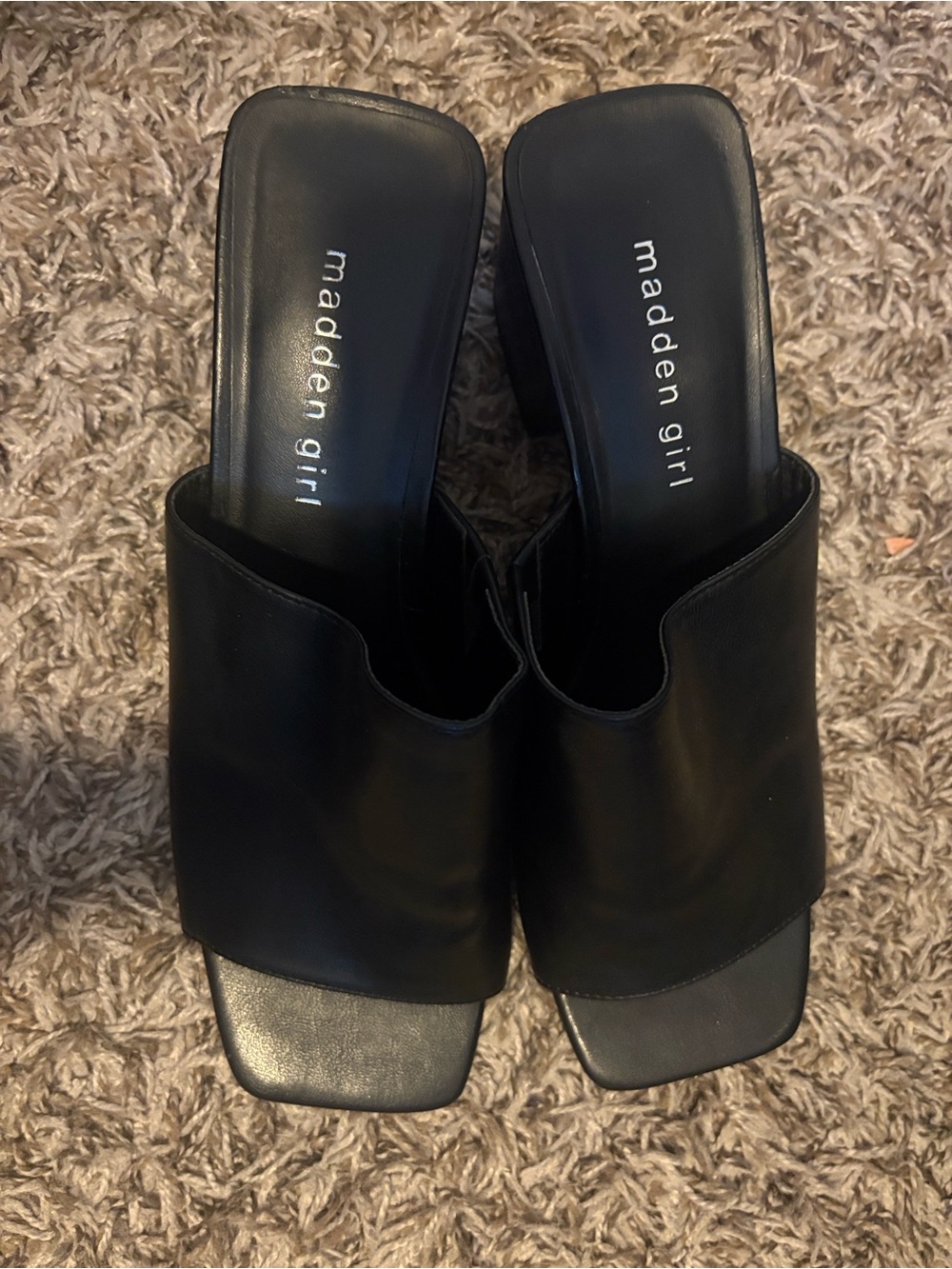 Madden Girl Black Leather Open-Toe Mule Heels